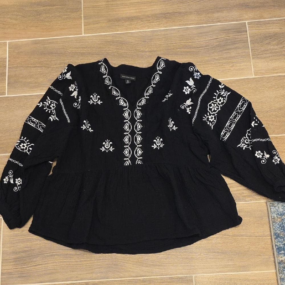Black Embroidered Boho Blouse